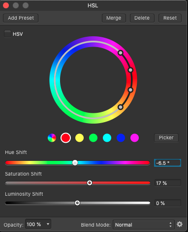 The HSL Adjustment window 